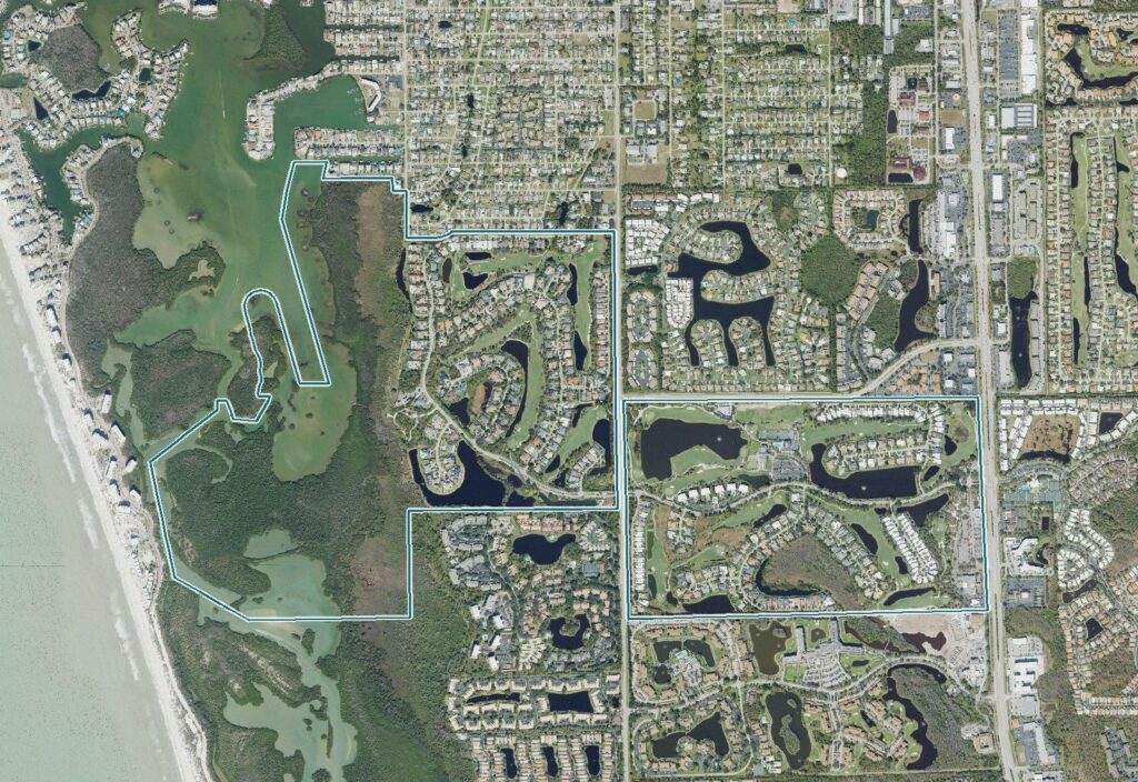 Aerial map of Audubon Country Club with the community boundary