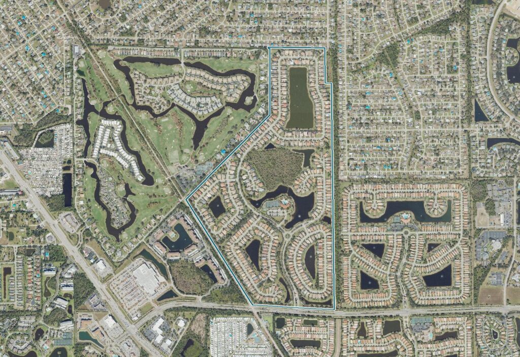 Aerial view of Belle Lago, Estero, FL, with the community boundary outlined
