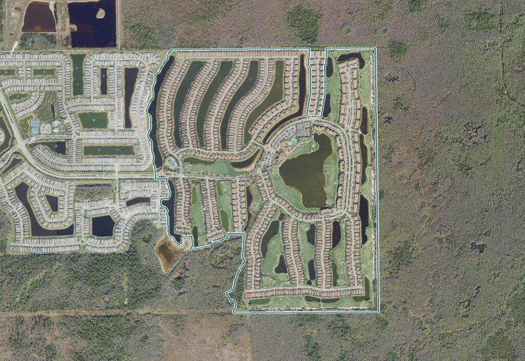 Aerial view of Bonita National, Bonita Springs, FL, with the community boundary outlined