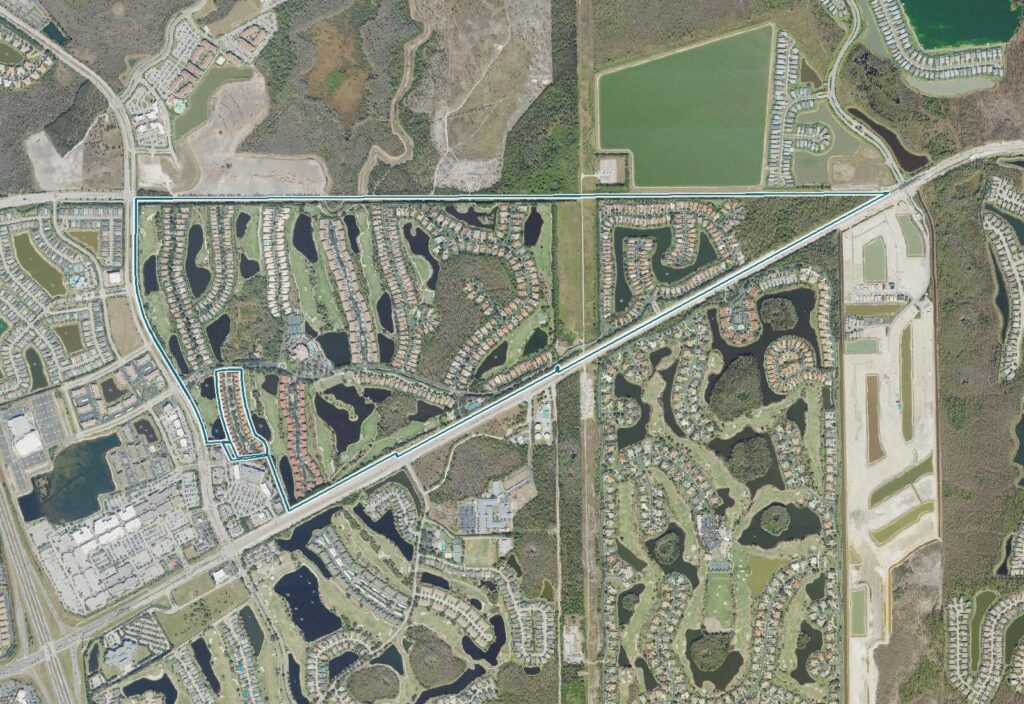Aerial view of Grandezza, Estero, FL, with the community boundary outlined