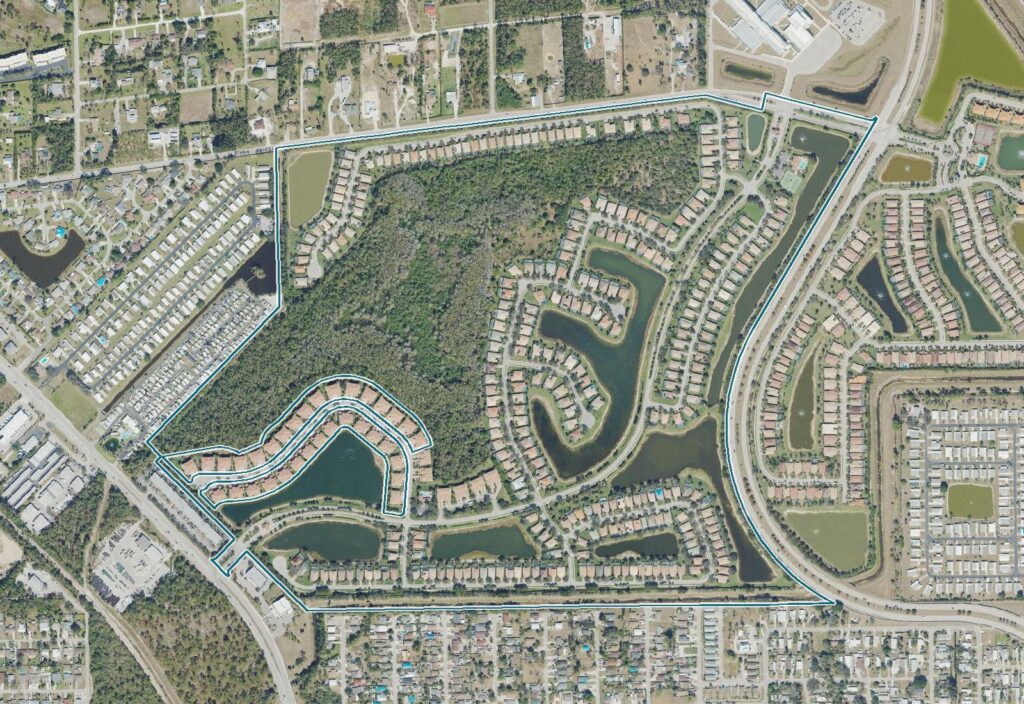 Aerial view of Hawthorne, Bonita Springs, FL, with the community boundary outlined