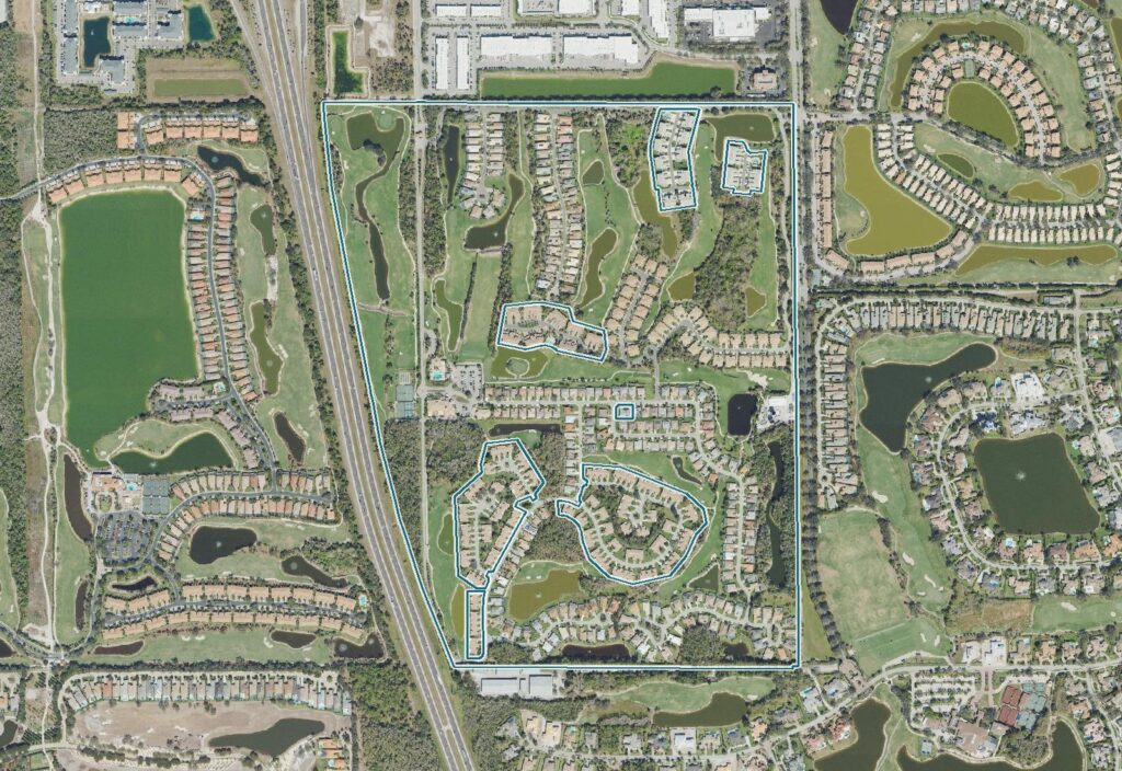 Aerial view of Hunters Ridge Golf & Country Club, a gated golf community in Bonita Springs, Florida, with the Gordon Lewis course and community boundary outlined