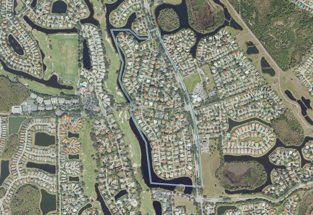 Aerial view of Mahogany Run, Fort Myers, FL, with the community boundary outlined