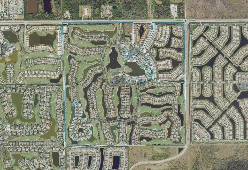 Aerial view of Palmira Golf & Country Club, a gated golf community in Bonita Springs, Florida, built around the Gordon Lewis 27-hole course, with the community boundary outlined
