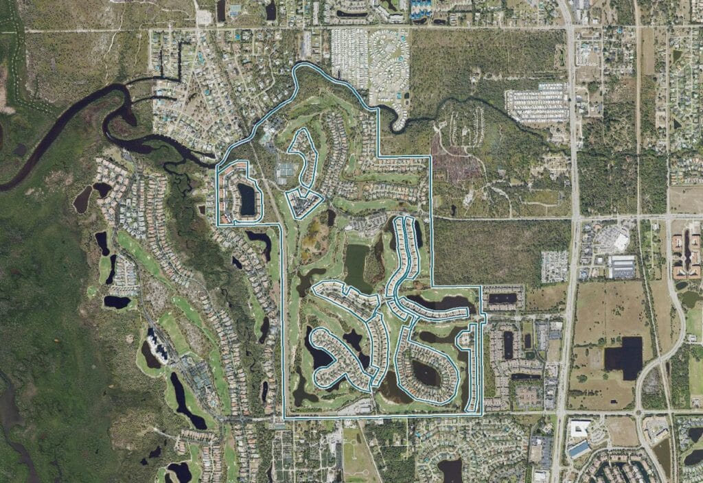 Aerial view of Pelican Sound, Estero, FL, with the community boundary outlined