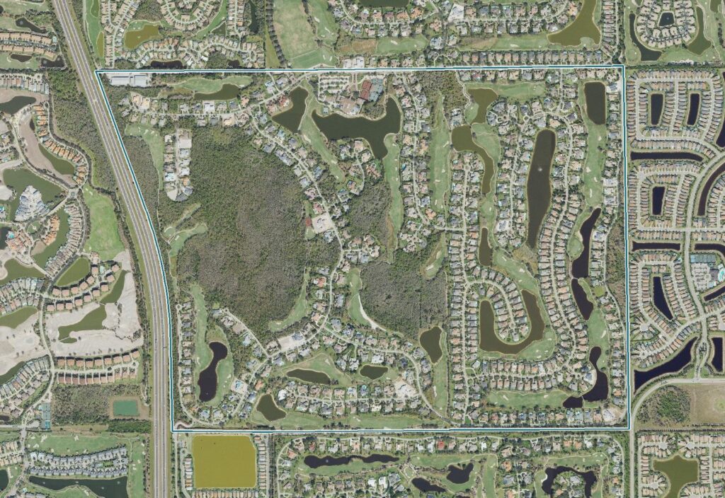 Aerial map of Quail West with the community boundary