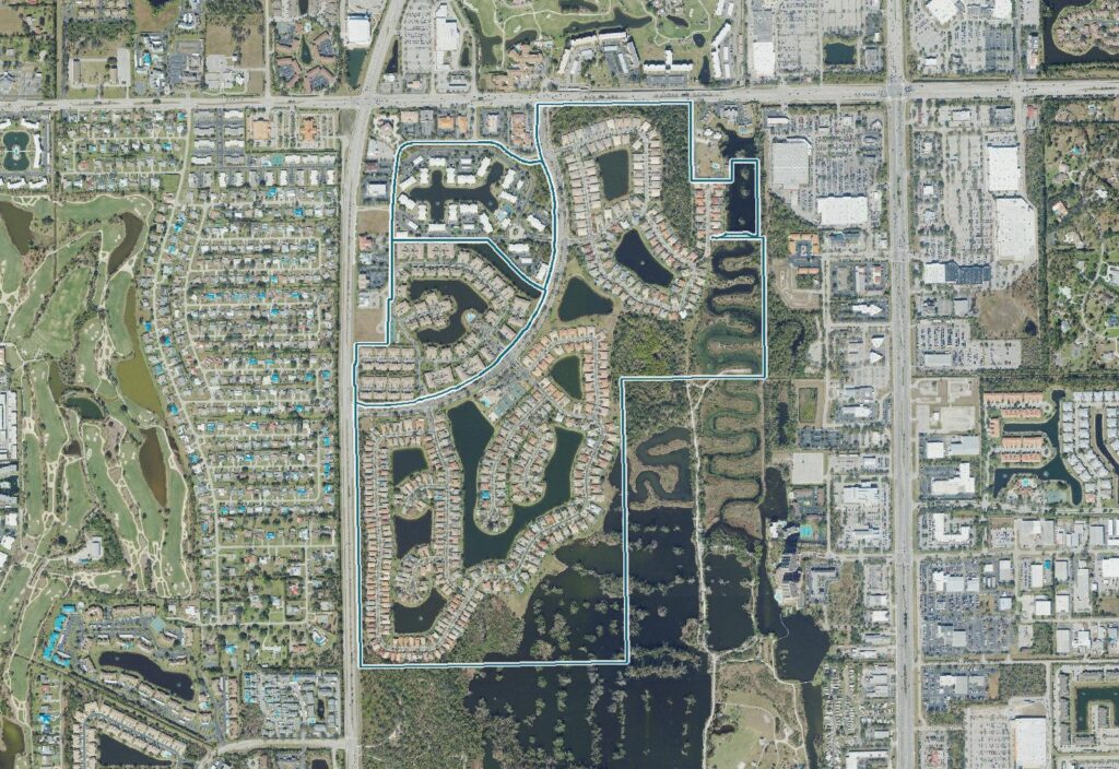 Aerial view of Reflection Lakes, Fort Myers, FL, with the community boundary outlined