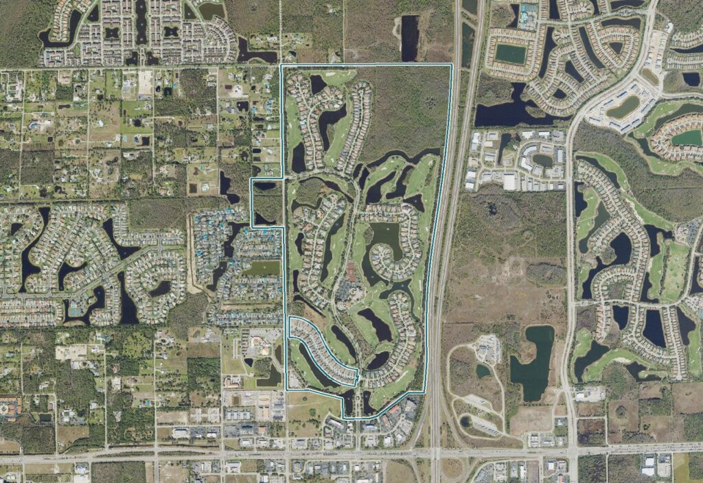 Aerial view of Renaissance, Fort Myers, FL, with the community boundary outlined