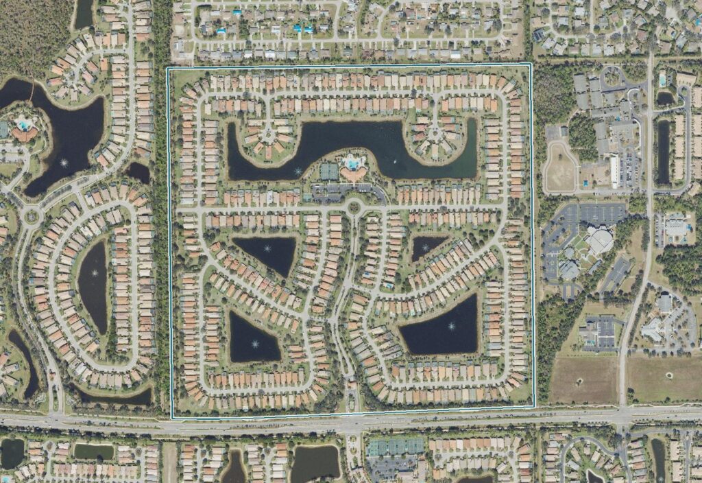 Aerial view of The Reserve at Estero, Estero, FL, with the community boundary outlined
