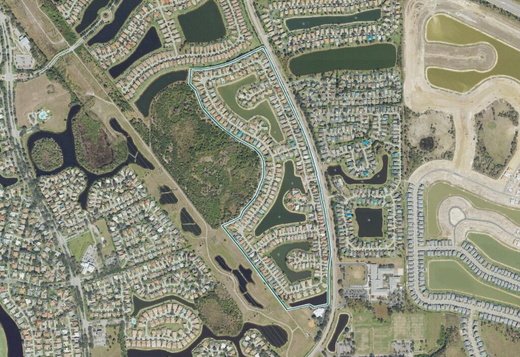 Aerial view of Silverlakes, Fort Myers, FL, with the community boundary outlined