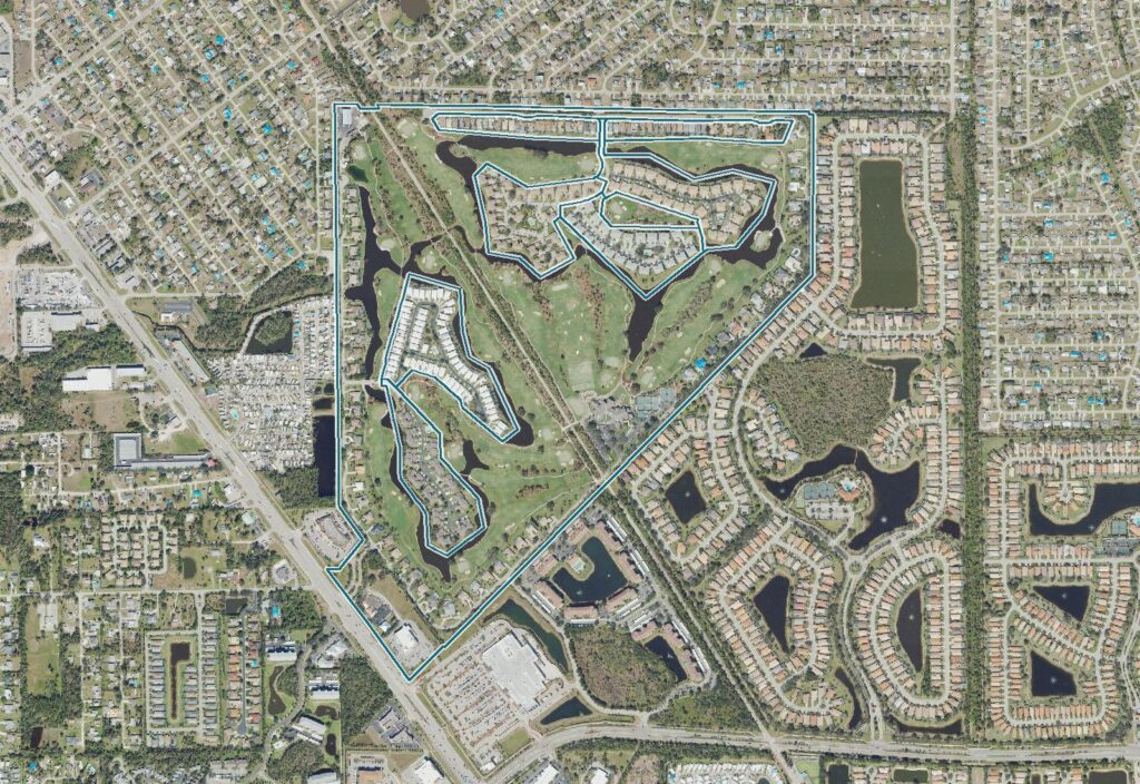 Aerial view of The Vines (Estero Country Club), Estero, FL, with the community boundary outlined