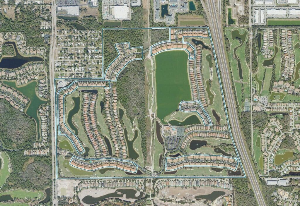 Aerial view of Vasari, Bonita Springs, FL, with the community boundary outlined
