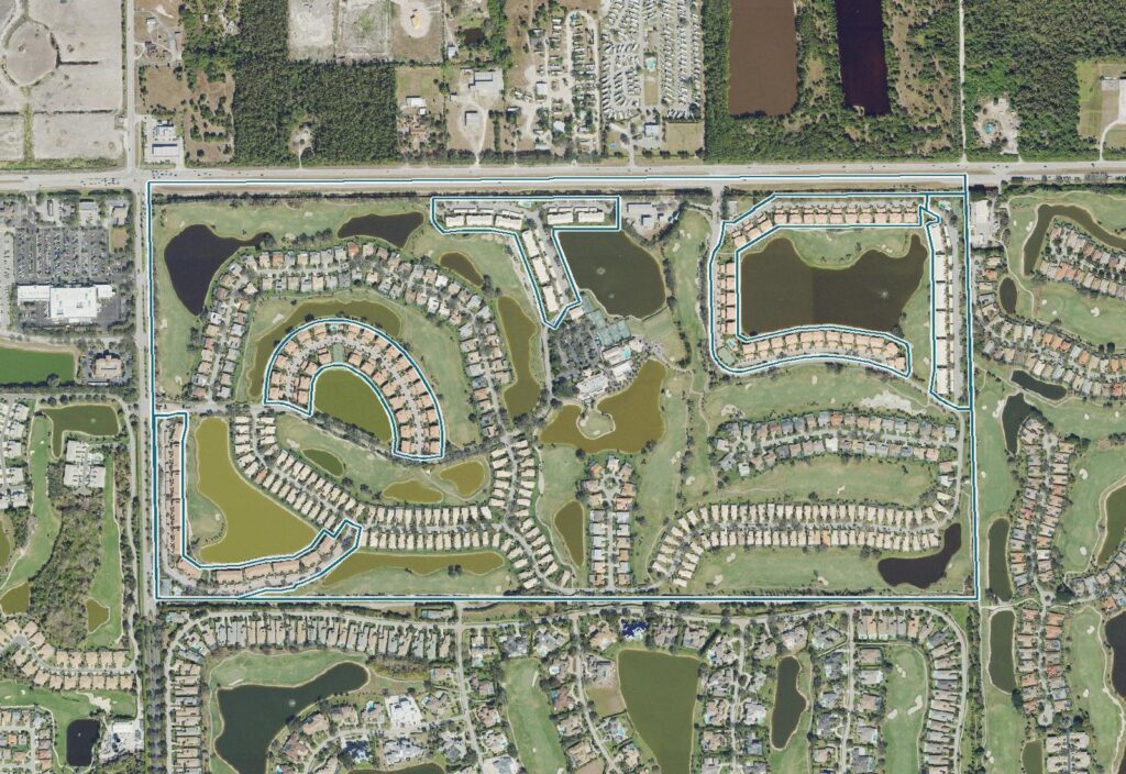 Aerial view of Worthington, Bonita Springs, FL, with the community boundary outlined